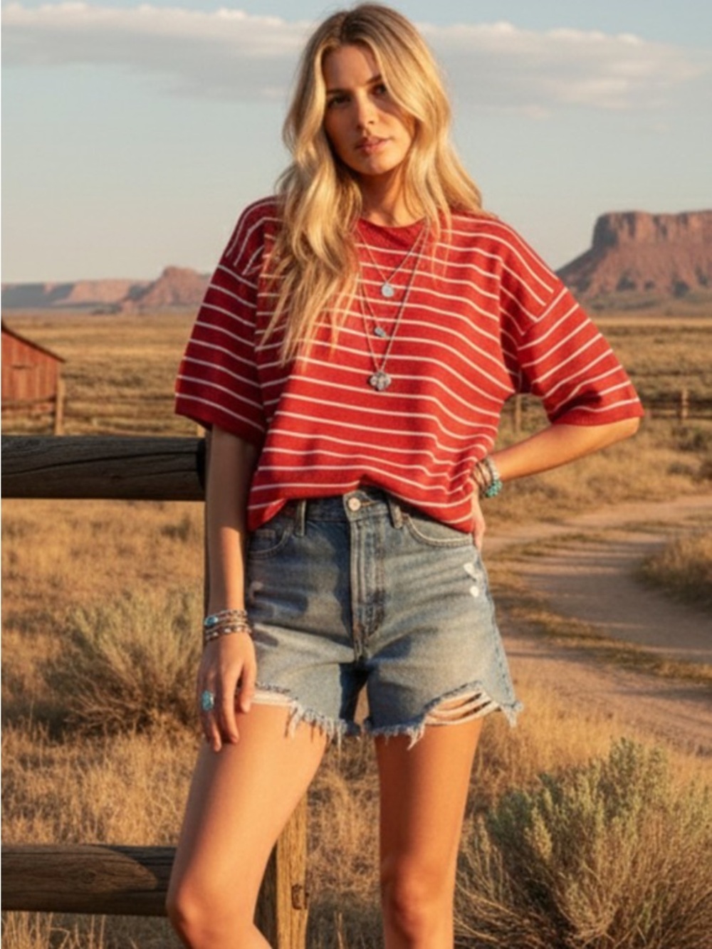 225. Striped oversized short sleeve knit sweater red white - Picture 2 of 2